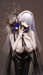  \||/ absurdres ah_(pixiv62888100) azur_lane blue_flower blue_rose bouquet breasts cowboy_shot criss-cross_halter dido_(anxious_bisque_doll)_(azur_lane) dido_(azur_lane) dress dress_straps female flower grey_background hairband half-closed_eyes halter_dress halterneck hands_up highres holding holding_bouquet large_breasts long_dress official_alternate_costume pelvic_curtain purple_dress purple_flower purple_hairband purple_rose red_eyes rose simple_background sleeveless sleeveless_dress solo white_flower white_rose 