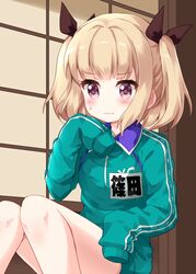  blonde_hair blunt_bangs blush breasts brown_eyes brown_ribbon closed_mouth commentary_request female green_sweater hair_ribbon hand_up highres iijima_yun indoors knees_up long_sleeves looking_at_viewer looking_down medium_hair new_game! no_pants ribbon ruu_(tksymkw) sitting sleeves_past_fingers sleeves_past_wrists small_breasts solo sweat sweatdrop sweater two_side_up wavy_mouth 