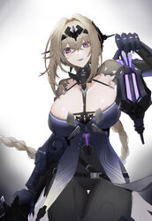  absurdres areola_slip bianca:_stigmata_(punishing:_gray_raven) bianca_(punishing:_gray_raven) blue_lips braid braided_ponytail breasts cleavage female headgear highres kongbai_huanxiang large_breasts light_brown_hair long_hair mechanical_arms parted_lips punishing:_gray_raven purple_eyes sidelocks solo very_long_hair 