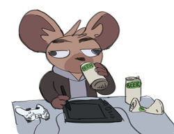  alcohol anthro beer beverage beverage_can clothed clothing container derp_eyes digital_media_(artwork) drawing drawing_tablet drinking el-k electronics english_text fingers fur furniture hair hi_res holding_beverage holding_container holding_object homie_(el-k) hyena male mammal simple_background solo spotted_hyena text topwear 