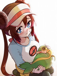  @_@ absurdres black_pantyhose blue_eyes blush bow bright_pupils brown_hair closed_mouth commentary_request crying defeat double_bun eyelashes female frown hair_bun highres holding holding_pokemon long_hair merugamu_melgum no_shoes pantyhose pantyhose_under_shorts pink_bow pokemon pokemon_(creature) pokemon_bw2 raglan_sleeves raised_eyebrows rosa_(pokemon) shorts simple_background snivy tears twintails visor_cap white_background white_pupils yellow_shorts 