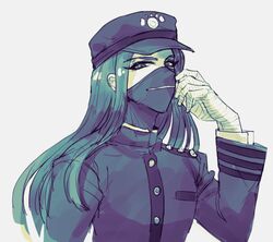  1boy bandaged_hand bandages commentary_request covered_mouth danganronpa_(series) danganronpa_v3:_killing_harmony gakuran grey_hair gwanlamcha hat jacket korean_commentary long_hair long_sleeves looking_at_viewer male_focus mask mouth_mask peaked_cap school_uniform shinguji_korekiyo simple_background solo surgical_mask upper_body 