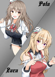  2girls abataa absurdres apron black_panties blonde_hair bodice bow bowtie braid breasts brown_eyes character_name clothing_cutout fork french_braid grey_hair hat highres holding holding_fork holding_knife kantai_collection knife long_hair long_sleeves mini_hat miniskirt multiple_girls panties pola_(kancolle) purple_eyes red_apron red_bow red_bowtie shirt shoulder_cutout side-tie_panties skirt thick_eyebrows tilted_headwear underwear wavy_hair white_shirt zara_(kancolle) 