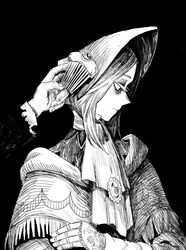  black_background bloodborne bonnet capelet cloak commentary crossed_arms doll_joints female floral_print from_side greyscale hand_up hat highres joints kuropin long_sleeves monochrome plain_doll profile short_hair solo_focus upper_body 