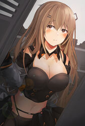  absurdres black_tank_top blush breasts brown_eyes brown_hair cleavage closed_mouth collarbone female girls&#039;_frontline hair_ornament hairclip highres k2_(girls&#039;_frontline) long_hair looking_at_viewer medium_breasts navel panties simple_background solo tank_top umber00 underwear upper_body 