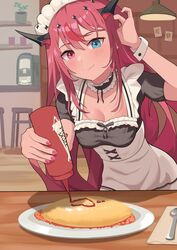  +_+ absurdres alternate_costume bar_stool black_horns blue_eyes breasts cafe cleavage commentary day diamond_(shape) english_commentary female food frills guyrys heterochromia highres hololive hololive_english horns irys_(hololive) ketchup lamp light long_hair looking_at_viewer maid_headdress medium_breasts multicolored_hair omelet omurice photo_(object) pink_eyes pink_nails plant potted_plant shelf shift_(shiftillust) smile spoon stool streaked_hair virtual_youtuber 