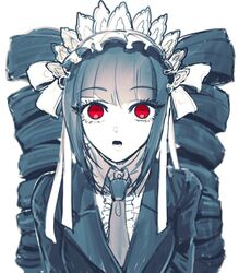  bad_id bad_twitter_id black_hair blunt_bangs bonnet celestia_ludenberg center_frills collared_shirt commentary_request danganronpa:_trigger_happy_havoc danganronpa_(series) drill_hair female frills gothic_lolita gwanlamcha jacket korean_commentary lolita_fashion long_hair long_sleeves looking_at_viewer lower_teeth_only necktie open_mouth red_eyes shirt simple_background solo spot_color teeth twin_drills twintails upper_body white_background 