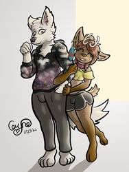  3:4 anthro antlers bottomwear canid canine canis ceryne ceryne_(artist) clothed clothing collar crop_top deer duo ear_piercing femboy heart_symbol hi_res hooves horn hotpants hug male male/male mammal maziik pants paws piercing shirt shorts sweatpants topwear wolf 