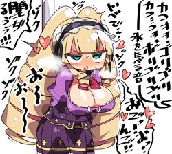  arms_behind_back black_hairband blonde_hair blue_eyes blush bound bound_arms breasts cleavage commentary_request deep_web_underground dress drill_hair female frilled_hairband frills hairband heart heart-shaped_pupils heavy_breathing kanikama large_breasts long_hair multicolored_hair pink_hair purple_dress rolling_eyes shinsougumi solo speech_bubble sweat symbol-shaped_pupils translation_request twin_drills very_long_hair virtual_youtuber 