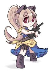  black_footwear black_ribbon blonde_hair blue_dress chibi dress female gun hair_ribbon holster kagamiurayama long_hair looking_at_viewer menou_(virgin_road) ponytail red_eyes ribbon shokei_shoujo_no_virgin_road smile thigh_holster weapon 