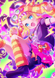  :d arm_warmers ass bike_shorts blonde_hair blue_eyes blush claw_pose commentary female fingernails hand_up hibiku_twilight_parade_(project_sekai) highres ikari_(aor3507) jacket kagamine_rin leg_warmers lightning_bolt_symbol looking_at_viewer nail_polish oerba_yun_fang official_alternate_costume open_clothes open_jacket pink_skirt pleated_skirt project_sekai purple_footwear purple_jacket purple_shorts sharp_fingernails shirt shoe_soles shoes short_shorts short_sleeves shorts skirt sleeves_past_wrists smile solo star_(symbol) striped swept_bangs twitter_username vocaloid white_shirt wonderlands_x_showtime_(project_sekai) wonderlands_x_showtime_rin yellow_nails 