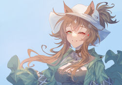  ;d absurdres animal_ear_fluff animal_ears arknights black_choker black_shirt blue_background blush breasts brown_hair chinese_commentary choker cleavage commentary_request ears_through_headwear female green_eyes green_jacket hair_ornament heart highres innoarukugyou jacket long_hair looking_at_viewer medium_breasts meteor_(arknights) meteor_(bard&#039;s_holiday)_(arknights) mole mole_under_eye official_alternate_costume one_eye_closed open_clothes open_jacket parted_lips shirt short_ponytail sidelocks simple_background smile solo star_(symbol) star_hair_ornament white_headwear 