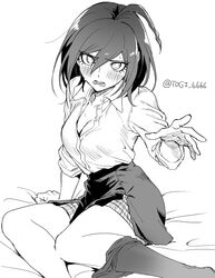  ahoge blush breasts cleavage danganronpa_(series) danganronpa_v3:_killing_harmony eyelashes female genderswap_(mtf) greyscale hair_between_eyes looking_at_viewer medium_breasts medium_hair monochrome open_mouth rule_63 saihara_shuichi shirt skirt solo sweat togi9999 twitter_username 