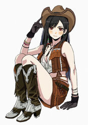  adjusting_clothes adjusting_headwear arm_support bad_id bad_pixiv_id bare_shoulders beads black_gloves black_hair blush boots bracelet breasts brown_footwear brown_hat brown_skirt brown_vest cleavage closed_mouth commentary cowboy_boots cowboy_hat crisis_core_final_fantasy_vii crop_top earrings female final_fantasy final_fantasy_vii full_body gloves hair_beads hair_ornament hat highres jewelry knees_up leather_skirt leather_vest long_hair looking_at_viewer medium_breasts midriff miniskirt red_eyes shiren_(ourboy83) shirt simple_background sitting skirt solo swept_bangs thighs tifa_lockhart tifa_lockhart_(cowgirl) vest white_shirt 