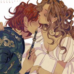  2girls armor breasts brown_hair cleavage closed_eyes dress earrings freckles hand_on_another&#039;s_back highres jewelry kissing kissing_forehead long_hair luoman19921 multiple_girls necklace original princess red_hair short_hair short_sleeves simple_background tiara white_background white_dress yuri 