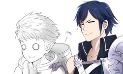  2boys =_= armor blue_hair chrom_(fire_emblem) color_drain commentary crossover fire_emblem fire_emblem_awakening gloves hand_on_another&#039;s_shoulder highres male_focus multiple_boys o_o open_mouth rex_(xenoblade) short_hair shoulder_armor simple_background super_smash_bros. white_background xenoblade_chronicles_(series) xenoblade_chronicles_2 zero-theme 