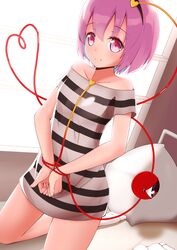  absurdres bed bound bound_wrists closed_mouth collarbone commentary_request eyeball female hairband heart heart_of_string highres kneeling komeiji_satori mantou_xiang off_shoulder pink_eyes pink_hair prison_clothes shirt short_hair smile socks solo striped_clothes striped_shirt third_eye touhou 