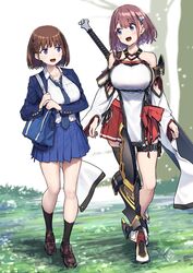  2girls absurdres ai-chan_(tawawa) ankle_boots armor baffu bag blazer blue_eyes blue_jacket blue_necktie blue_skirt boots breasts brown_footwear brown_hair brown_legwear clothing_cutout collared_shirt fold-over_boots getsuyoubi_no_tawawa greatsword hakama hakama_short_skirt hakama_skirt highres hitoyo_(baffu) huge_breasts huge_weapon jacket japanese_clothes loafers multiple_girls necktie open_clothes open_jacket open_mouth original panties pleated_skirt pouch purple_eyes red_hakama school_bag school_uniform shirt shirt_tucked_in shoes short_hair side-tie_panties side_cutout single_thighhigh skindentation skirt socks sword sword_behind_back thigh_pouch thighhighs underwear weapon white_shirt 