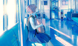  absurdres bag blue_skirt blue_sweater_vest blue_theme blunt_bangs collared_shirt facing_up female fire_extinguisher from_side grey_eyes hagimorijia highres holding holding_bag indoors long_sleeves looking_away looking_up neck_ribbon original pink_hair pleated_skirt profile red_ribbon reflective_floor ribbon shirt short_hair sitting skirt solo sweater_vest train train_interior white_shirt 