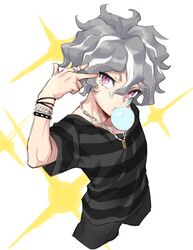  1boy bad_id bad_pixiv_id blowing_bubbles chain_necklace chains chewing_gum dark-skinned_male dark_skin eyelashes facial_tattoo from_above grey_hair inazuma_eleven_(series) inazuma_eleven_ares_no_tenbin jewelry kira_hiroto looking_at_viewer male_focus necklace nosaka_yuma_(pixiv) pink_eyes purple_eyes ring simple_background solo tattoo wavy_hair white_background 