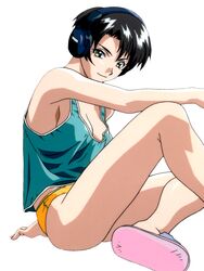  1990s_(style) black_hair earphones female fujiki_sayuri grey_eyes highres panties retro_artstyle sitting slippers smile tank_top underwear white_background yamada_masaki zenkoku_seifuku_bishoujo_grand_prix 