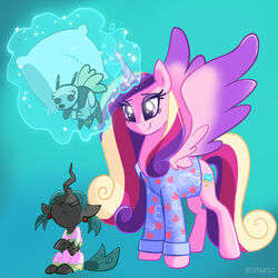  aged_down alicorn arthropod black_body bugbear changeling clothing equid equine eyeshadow friendship_is_magic fur grumpy hasbro heart hi_res horn makeup mammal my_little_pony pajama_shirt pajamas pfeffaroo pillow pink_body pink_fur plushie princess_cadance_(mlp) purple_eyes purple_eyeshadow queen_chrysalis_(mlp) wings 