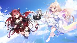  3girls ayamo_nono black_footwear black_legwear blonde_hair blush braid demon demon_girl demon_wings fairy hair_ornament hairband horns key_visual long_hair looking_at_viewer makoh_lisa maronie. multiple_girls official_art open_clothes outdoors promotional_art purple_eyes re:act red_hair skirt smile usuwa_suu virtual_youtuber white_hairband white_wings wings 