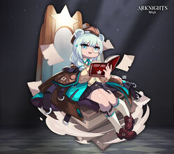  :o absurdres animal_ears arknights bear_ears beret black_skirt blue_eyes blue_hair blue_necktie book brown_coat brown_footwear brown_hat coat female full_body hat highres holding holding_book istina_(arknights) jacket kneehighs lataedelan long_hair long_sleeves looking_at_viewer monocle necktie open_mouth paper polo_shirt shoes sitting skirt socks solo teeth yellow_jacket yellow_socks 