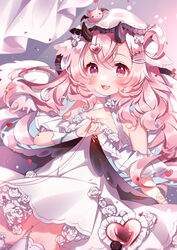  black_horns blush breasts cleavage commentary commission copyright_request dress female flower hair_ornament heart heart_hair_ornament highres horns mata oerba_yun_fang pink_eyes pink_hair rose skeb_commission skin_fang smile solo symbol-only_commentary twintails virtual_youtuber white_dress white_flower white_headwear white_rose wrist_cuffs 