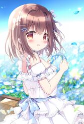  azumi_kazuki bare_shoulders blue_bow blue_flower blue_sky blurry blurry_background bow brown_hair commentary_request day depth_of_field detached_sleeves dress female flower flower_wreath hair_between_eyes hair_intakes hair_ornament hairbow hairclip highres holding layered_dress nemophila_(flower) original outdoors petals pleated_dress puffy_short_sleeves puffy_sleeves red_eyes short_sleeves sky solo white_dress white_sleeves 