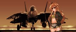  aircraft airplane animal_ears aviator_sunglasses bed belt black_belt black_ribbon brown_hair canopy_bed cosplay crop_top f-14_tomcat female fighter_jet green_jacket grey_shorts hands_in_pockets henshako highres horse_ears horse_girl jacket jet korean_commentary long_hair looking_at_viewer mayano_top_gun_(umamusume) midriff military military_vehicle name_connection navel pete_&quot;maverick&quot;_mitchell ribbon shirt shorts skindentation smile sunglasses thighhighs top_gun umamusume vehicle_focus yellow_shirt 