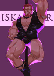  1boy :q absurdres armpit_hair armpits bara beard black_vest blush briefs bulge character_name chinese_commentary commentary facial_hair fate/zero fate_(series) guoguo highres iskandar_(fate) large_pectorals latex legwear_garter looking_at_viewer male_focus male_underwear male_underwear_pull mature_male muscular muscular_male no_pants pectoral_cleavage pectorals pole_dancing polearm_behind_back red_eyes red_hair seductive_smile short_hair sleeveless smile socks solo thick_thighs thighs tongue tongue_out underwear vest 