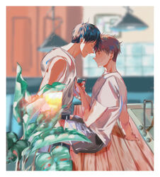  2boys absurdres black_hair blurry blurry_background border brown_hair closed_eyes cup dearamy829 facing_another haiji_kiyose highres holding holding_cup indoors kaze_ga_tsuyoku_fuiteiru kurahara_kakeru male_focus multiple_boys plant profile shirt short_hair shorts sink sitting white_shirt 