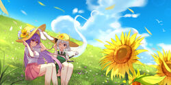  2girls ;d animal_ears black_necktie black_ribbon blue_eyes blue_ribbon blush bug butterfly cloud collared_shirt commentary diving_penguin flower grasslands green_skirt green_vest hair_ribbon hat hat_flower hat_ribbon highres katana knees_up konpaku_youmu konpaku_youmu_(ghost) long_hair looking_at_another miniskirt multiple_girls necktie one_eye_closed outdoors petals pink_skirt puffy_short_sleeves puffy_sleeves purple_eyes purple_hair rabbit_ears reisen_udongein_inaba ribbon scenery shirt short_sleeves sitting skirt smile sunflower sword touhou very_long_hair vest wakizashi weapon white_shirt wind 