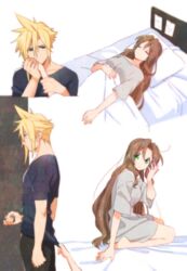  1boy aerith_gainsborough asymmetrical_hair bare_legs barefoot bed bed_sheet black_pants blanket blonde_hair blue_eyes blue_shirt breasts closed_eyes cloud_strife doorknob female final_fantasy final_fantasy_vii green_eyes grey_shirt hair_down hand_on_own_face holding_another&#039;s_wrist holding_hands hospital_bed kissing kissing_hand kneeling krudears long_hair lying medium_breasts on_back pants parted_bangs pillow pulling shirt sidelocks spiked_hair straight t-shirt very_long_hair wavy_hair 