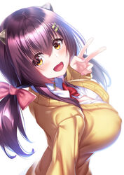  :d azur_lane blurry blurry_background bow bowtie breasts choker cleavage collared_shirt covered_nipples female hair_between_eyes hair_ornament hairclip hand_up horns ken_ill large_breasts long_sleeves looking_at_viewer nagara_(azur_lane) nail_polish no_bra official_alternate_costume open_clothes open_mouth open_shirt red_bow red_bowtie red_eyes shirt short_twintails simple_background smile solo sweater twintails upper_body v white_background white_choker yellow_eyes yellow_sweater 