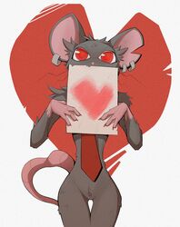  anthro arm_tuft camille_(fortnite) colored ear_piercing ear_ring elbow_tuft epic_games female fortnite fur gompami grey_body grey_fur heart_symbol hi_res holding_object holding_paper mammal mostly_nude murid murine necktie necktie_only notched_ear paper piercing portrait rat red_eyes red_necktie ring_piercing rodent simple_background solo standing tail three-quarter_portrait tuft 