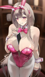  absurdres animal_ears bare_shoulders blush bow bowtie breasts cellphone cleavage detached_collar elvandec fake_animal_ears female goddess_of_victory:_nikke highres horns large_breasts leotard light_brown_hair long_hair looking_at_viewer pantyhose phone pink_eyes pink_leotard playboy_bunny rabbit_ears smile solo strapless strapless_leotard viper_(nikke) viper_(toxic_rabbit)_(nikke) wrist_cuffs 