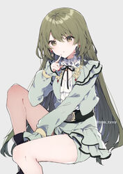  :o bare_legs blush dress earrings feet_out_of_frame female finger_to_mouth frilled_dress frilled_sleeves frills green_eyes green_hair green_jacket green_shorts grey_background highres idol idolmaster idolmaster_shiny_colors ikeuchi_tanuma jacket jewelry knee_up long_hair long_sleeves looking_at_viewer nail_polish nanakusa_nichika neck_ribbon puffy_long_sleeves puffy_sleeves ribbon shorts simple_background solo very_long_hair 