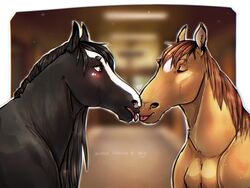  ambiguous_gender black_body black_hair black_mane blush closed_eyes clyde_(wasen) delota digital_media_(artwork) duo equid equine facial_markings feral hair head_markings horse kissing looking_at_another mammal mane markings open_mouth pearl_(wasen) tan_body tan_hair tongue tongue_out 