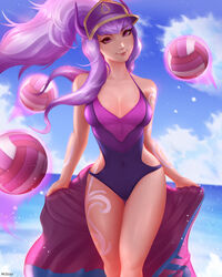  ball blue_sky blurry blurry_background breasts breasts_apart female hat highres horns league_of_legends long_hair looking_at_viewer mcdobo medium_breasts one-piece_swimsuit photoshop_(medium) ponytail pool_party_(league_of_legends) purple_eyes sky smile solo standing swimsuit syndra tattoo volleyball volleyball_(object) 