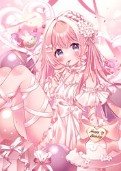  amane_momo_(vtuber) balloon blue_eyes blush bow cake dress earrings female flower flower_earrings food fork gift hair_flower hair_ornament happy_birthday heart_balloon highres holding holding_fork indie_virtual_youtuber jewelry long_hair mata pink_hair ribbon sitting solo utensil_in_mouth virtual_youtuber white_bow white_dress white_flower white_ribbon 