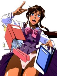  1990s_(style) ass_visible_through_thighs blue_eyes blush brown_hair dress eraser female highres looking_at_viewer miyazawa_mayu necktie notebook panties paper pencil pencil_case pink_necktie pink_panties ponytail purple_dress purple_skirt retro_artstyle school_uniform skirt tan underwear white_sleeves yamada_masaki zenkoku_seifuku_bishoujo_grand_prix 