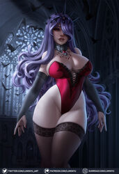  alternate_costume arms_at_sides artist_name bare_shoulders bat_(animal) black_thighhighs blurry blurry_background breasts bridal_gauntlets camilla_(fire_emblem) church cleavage commentary cowboy_shot cross-laced_clothes curly_hair depth_of_field english_commentary female fingernails fire_emblem fire_emblem_fates frilled_leotard frills gem groin gumroad_logo gumroad_username hair_ornament hair_over_one_eye half-closed_eyes highleg highleg_leotard highres indoors jewelry lace lace-trimmed_legwear lace_trim large_breasts legs_together leotard light_particles lingerie lips long_fingernails long_hair looking_at_viewer luminyu mole mole_on_breast mole_under_eye moonlight nail_polish neck_ring night one_eye_covered parted_bangs parted_lips patreon_logo patreon_username purple_hair red_eyes red_gemstone red_leotard red_lips red_nails sideboob signature skindentation solo spikes standing strapless strapless_leotard thick_thighs thigh_gap thighhighs thighs tiara twitter_logo twitter_username underwear very_long_hair web_address 