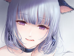  animal_ears artist_name bad_id bad_pixiv_id black_choker cat_ears choker closed_mouth female filha girls&#039;_frontline grey_hair licking_lips lips long_hair looking_at_viewer portrait purple_eyes rpk-16_(girls&#039;_frontline) simple_background solo_focus tongue tongue_out 