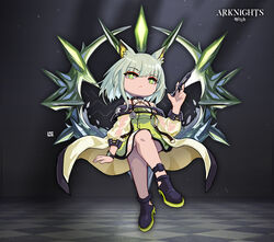  absurdres animal_ears arknights bare_shoulders black_footwear closed_mouth crossed_legs dress female green_dress green_eyes green_hair green_jacket highres holding holding_syringe invisible_chair jacket kal&#039;tsit_(arknights) lataedelan long_sleeves looking_at_viewer see-through see-through_sleeves shoes short_hair sitting sleeveless sleeveless_dress solo star_of_life syringe watch 