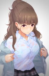  blue_bra blue_jacket blue_shirt blurry blush bra braid bralines breasts brown_hair crown_braid depth_of_field female gradient_background hair_over_shoulder high_ponytail highres idolmaster idolmaster_cinderella_girls jacket kamiya_nao large_breasts long_hair looking_at_viewer multicolored_clothes multicolored_skirt open_clothes open_jacket plaid plaid_skirt pleated_skirt ponytail red_eyes ryuu. school_uniform see-through shirt skirt solo sweat thick_eyebrows underwear upper_body water_drop wet wet_clothes wet_hair wet_shirt 