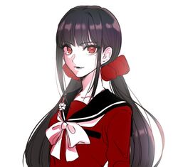  black_hair blunt_bangs bow collarbone danganronpa_(series) danganronpa_v3:_killing_harmony female gwanlamcha hair_ornament hair_scrunchie harukawa_maki long_hair long_sleeves looking_at_viewer low_twintails lower_teeth_only mole mole_under_eye open_mouth pale_skin red_eyes red_scrunchie red_shirt sailor_collar school_uniform scrunchie serafuku shirt simple_background smile solo teeth twintails upper_body white_background white_bow 