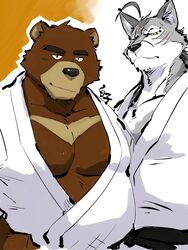  2boys ahoge animal_ears artist_name bara bare_pectorals bear_boy bear_ears belly cross_scar dougi fat fat_man furry furry_male highres juuichi_mikazuki looking_at_viewer male_focus morenatsu multiple_boys multiple_scars pectorals scar scar_on_cheek scar_on_face shirako_(kirupi) ten_kodori wolf_boy wolf_ears 