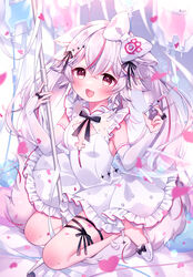  blush bow bridal_gauntlets commentary dress female frilled_dress frills gloves grey_hair guild_cq hairbow highres holding holding_needle intravenous_drip kurenagi_eri long_hair mata multicolored_hair needle open_mouth pink_eyes pink_hair smile solo streaked_hair symbol-only_commentary twintails virtual_youtuber white_bow white_dress white_footwear white_gloves 